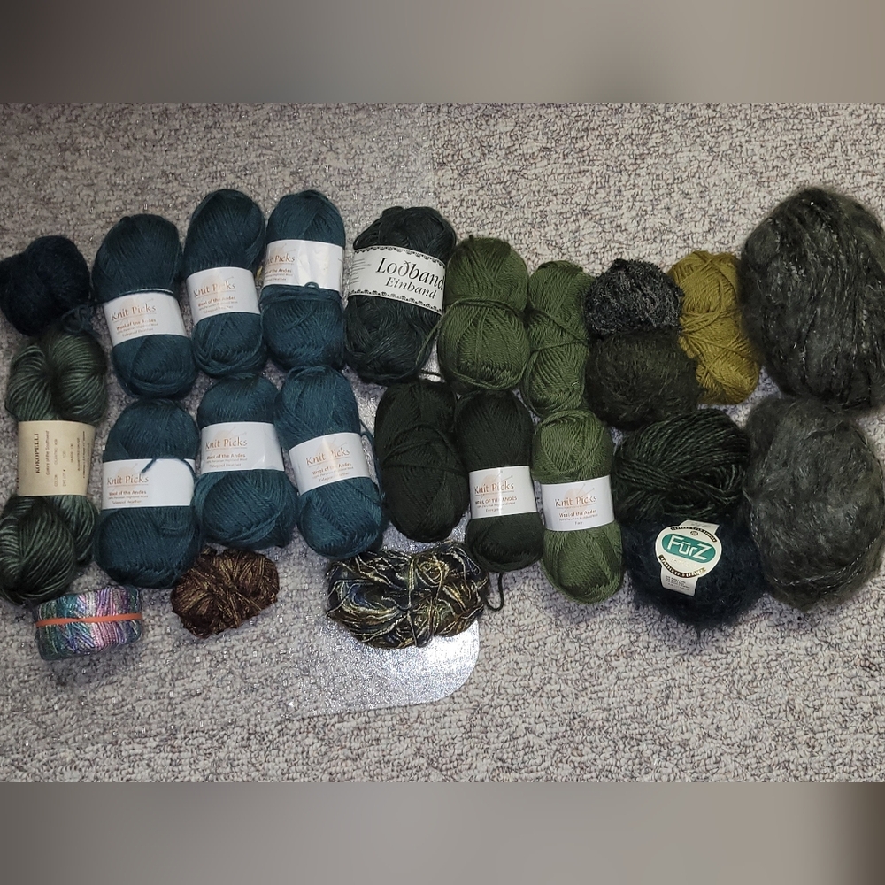 Assorted Wool Yarn Collection in Green and Blue Tones